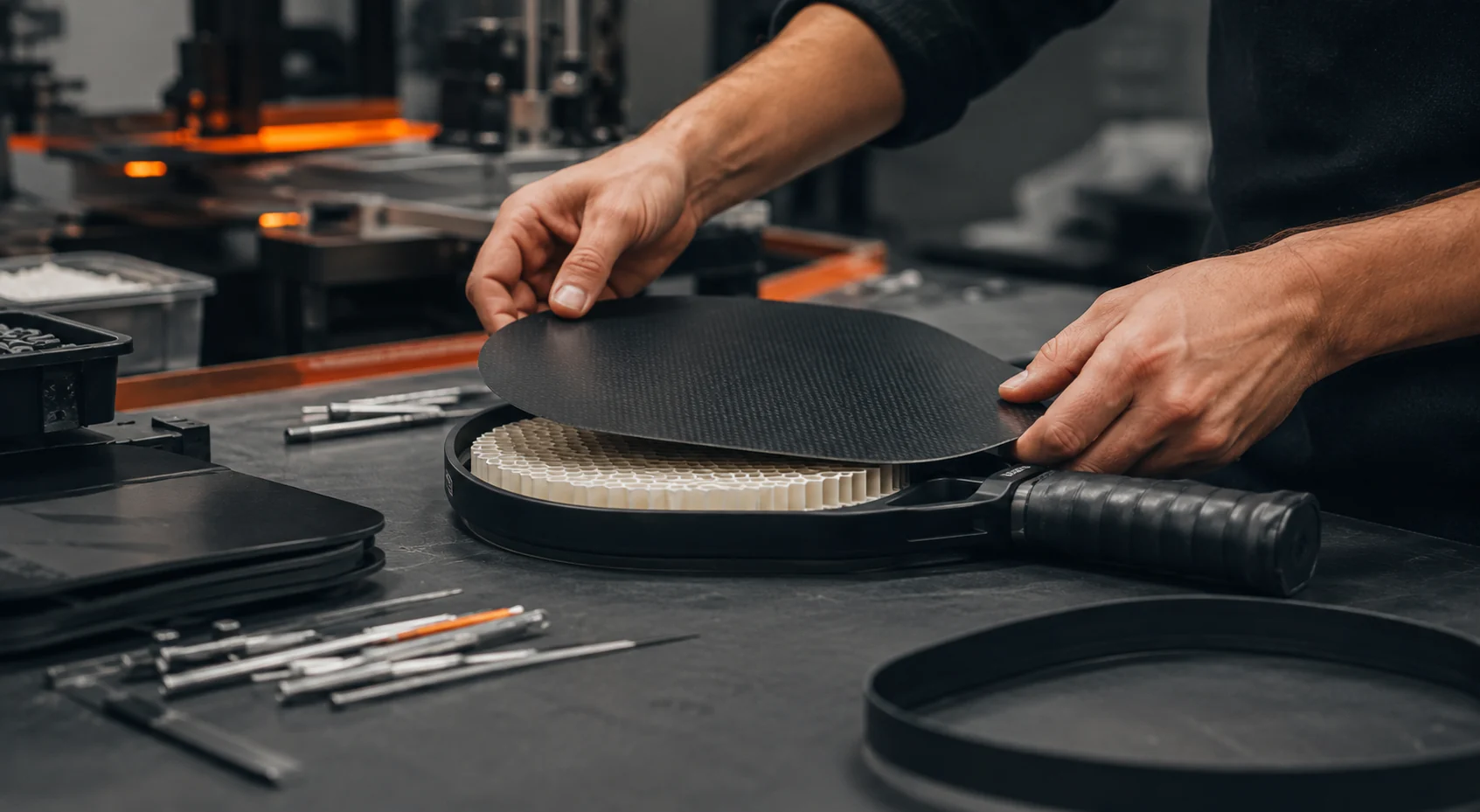 Pickleball paddle components being prepared at a workbench