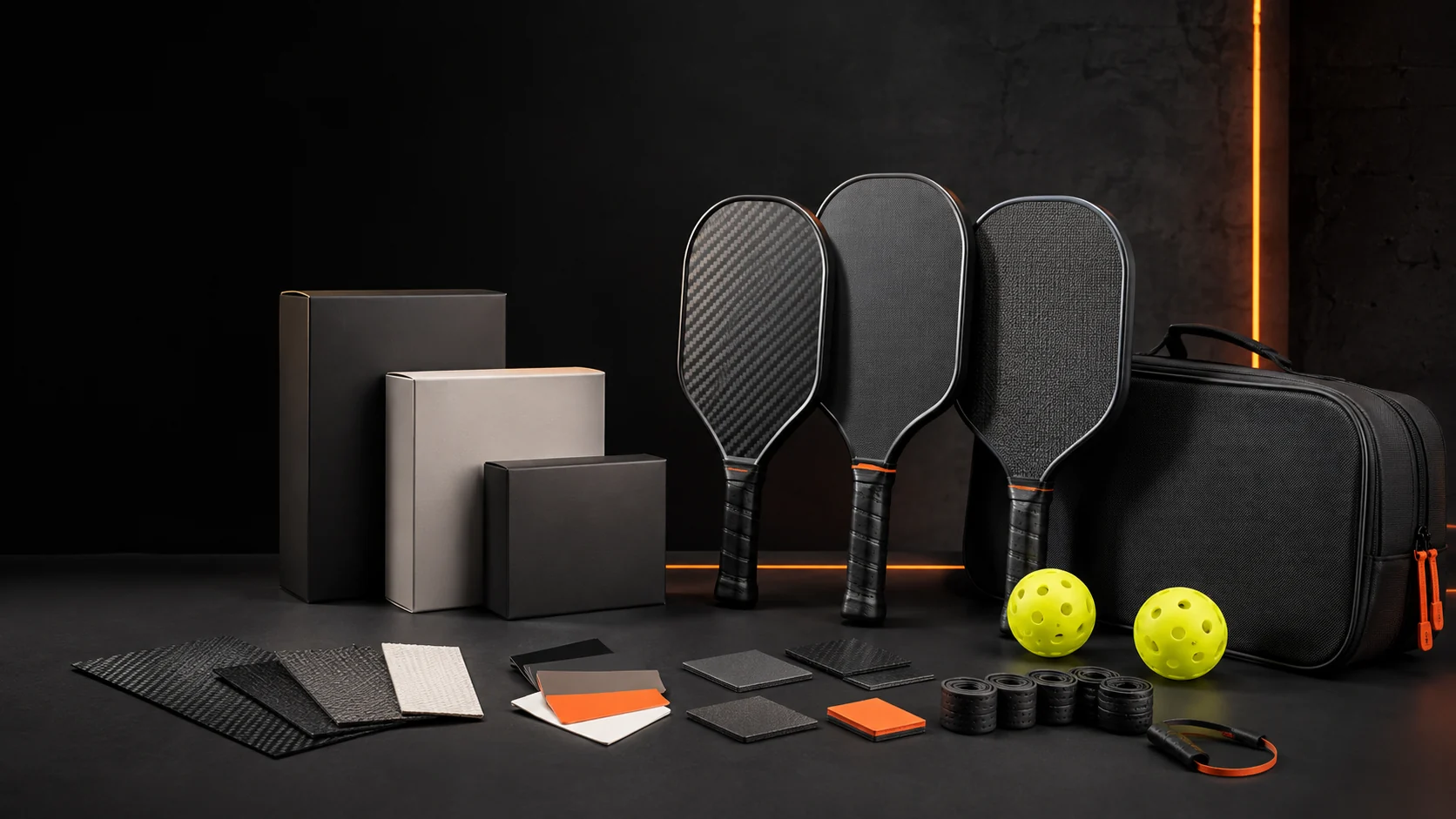 Paddle, ball and bag product range with materials and packaging